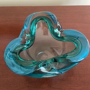 Art Glass Turquoise Murano Sommerso Ashtray Pinched Bowl Cased Glass Stunning